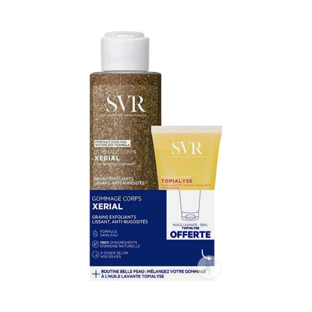 [724Ph240030114] Lot Xérial Gommage Corps 100g + Topialyse Huile Lavante 55ml Offerte SVR